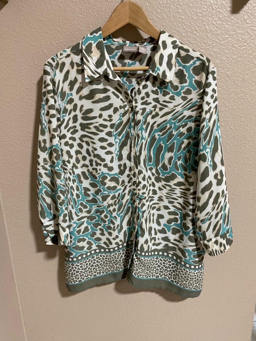 Chico's Blue, Gray and White Patterned button down wrinkle resistant Top